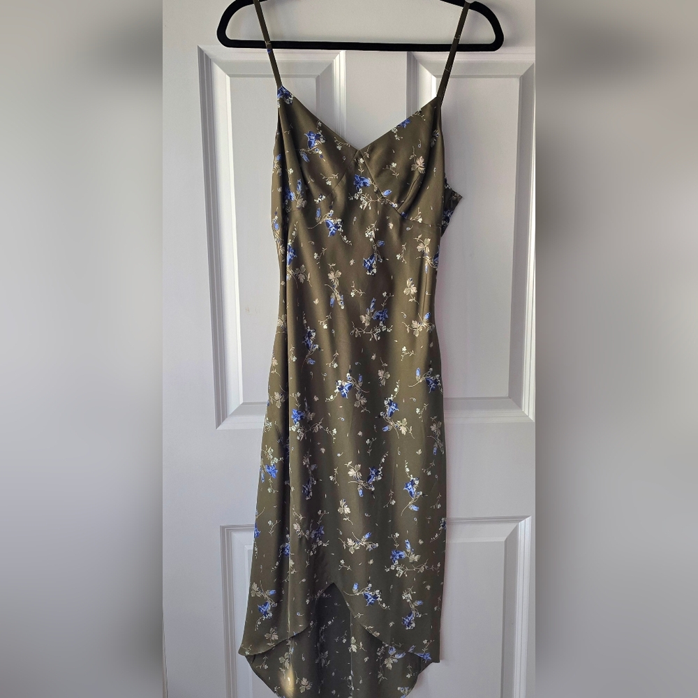 100% Silk Floral Olive Green Dress